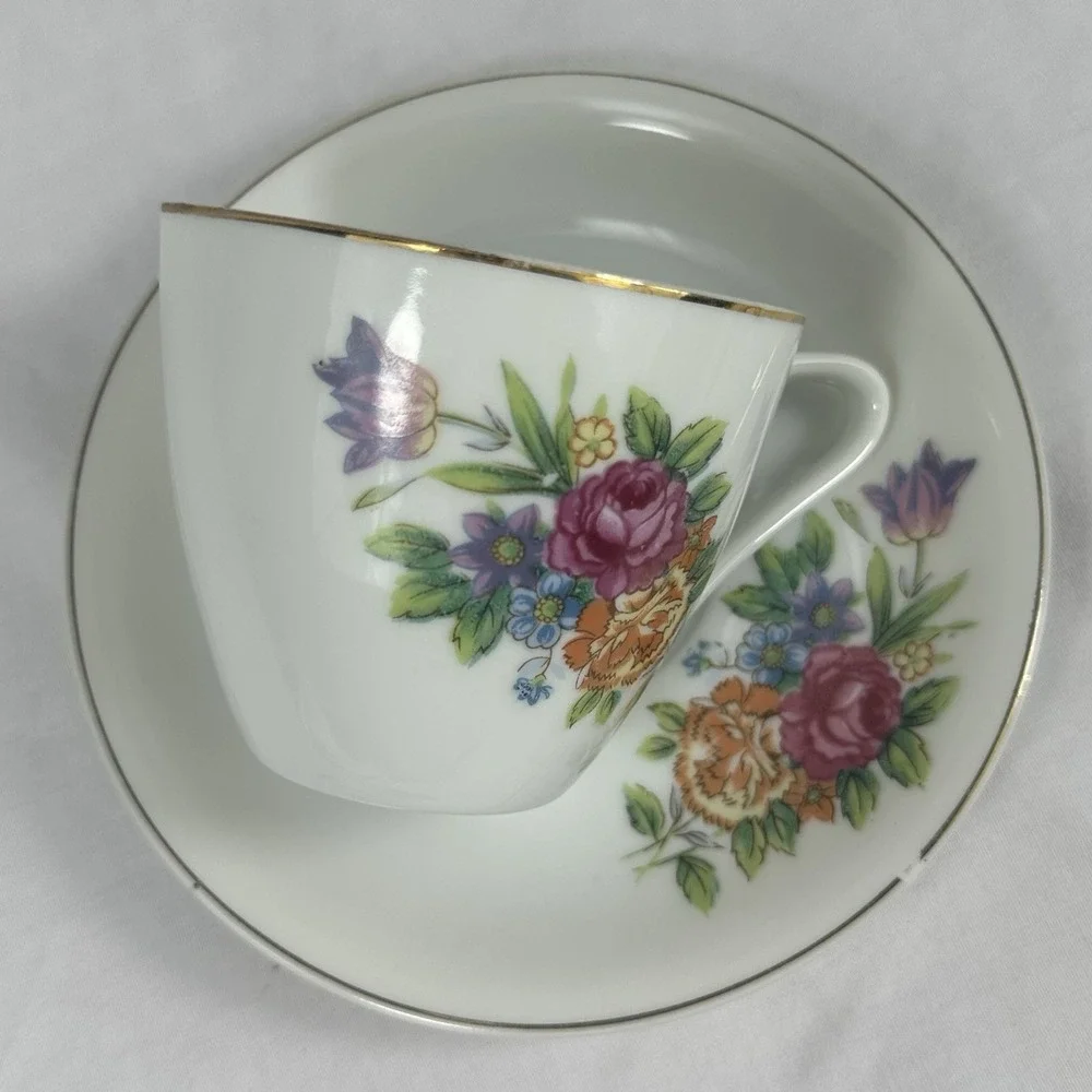 Vintage Floral Teacup‎ Saucer Set Gold Trim Multi-Color Rose Grandmillennial